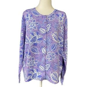 Lilly And Van Womens Cardigan 1X Purple Floral Print Button Front Cotton Blend‎